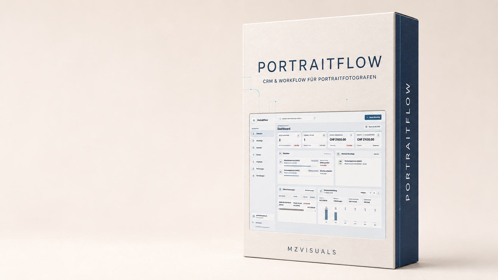 Stehende PortraitFlow Premium-Softwarebox mit echtem CRM-Dashboard
